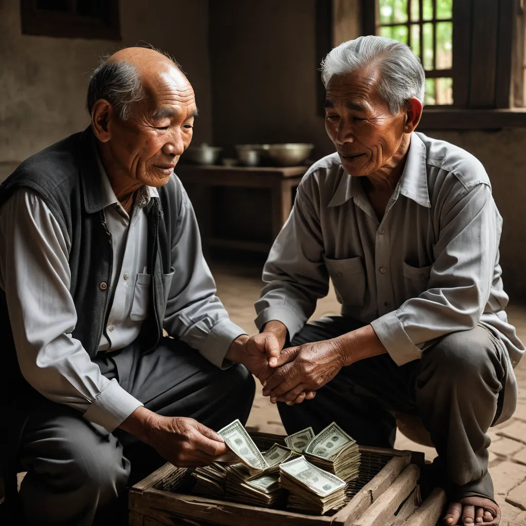 two men sitting on a wooden crate with money in their hands and one of them is handing another man a stack of money, les automatistes, a stock photo, Byeon Sang-byeok, phuoc quan