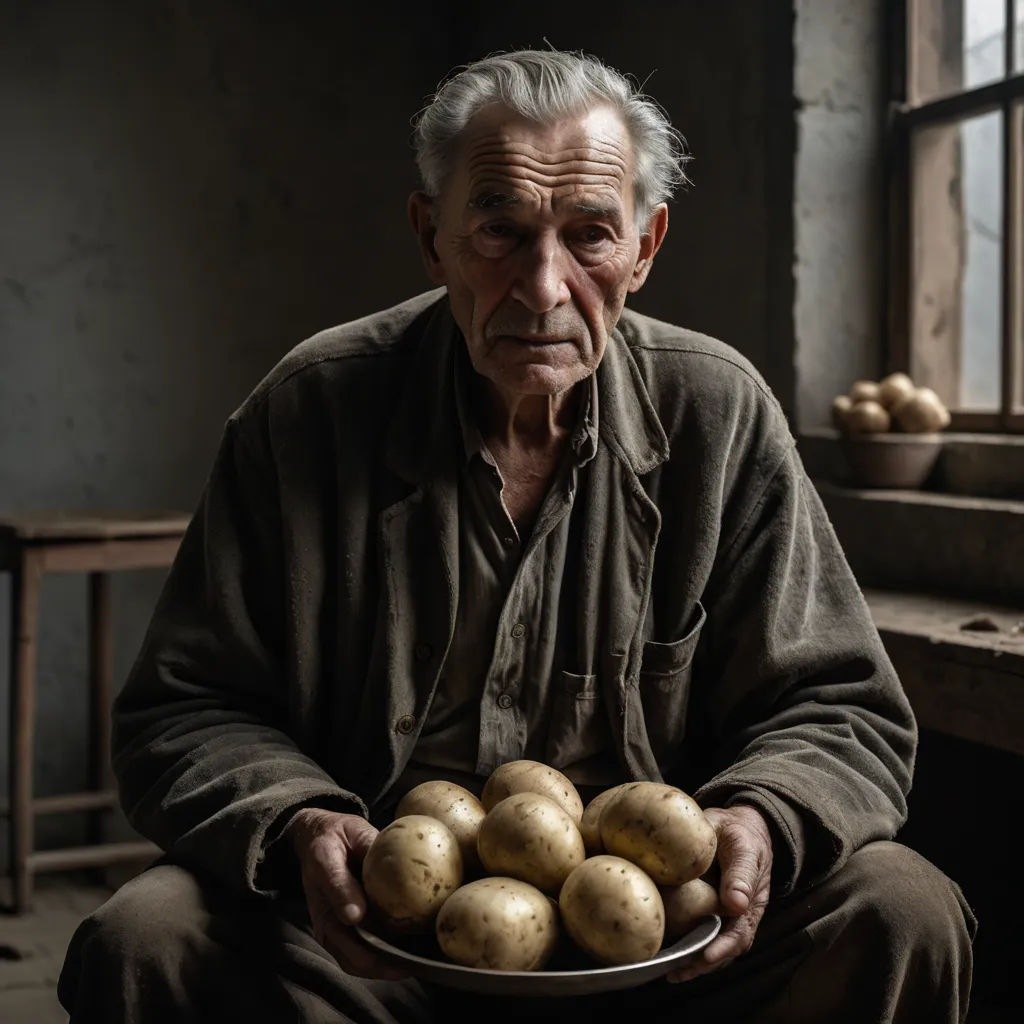 a man holding a plate of potatoes in his hands in a room with windows and a bench in the background, precisionism, a still life, Arie Smit, award - winning photography