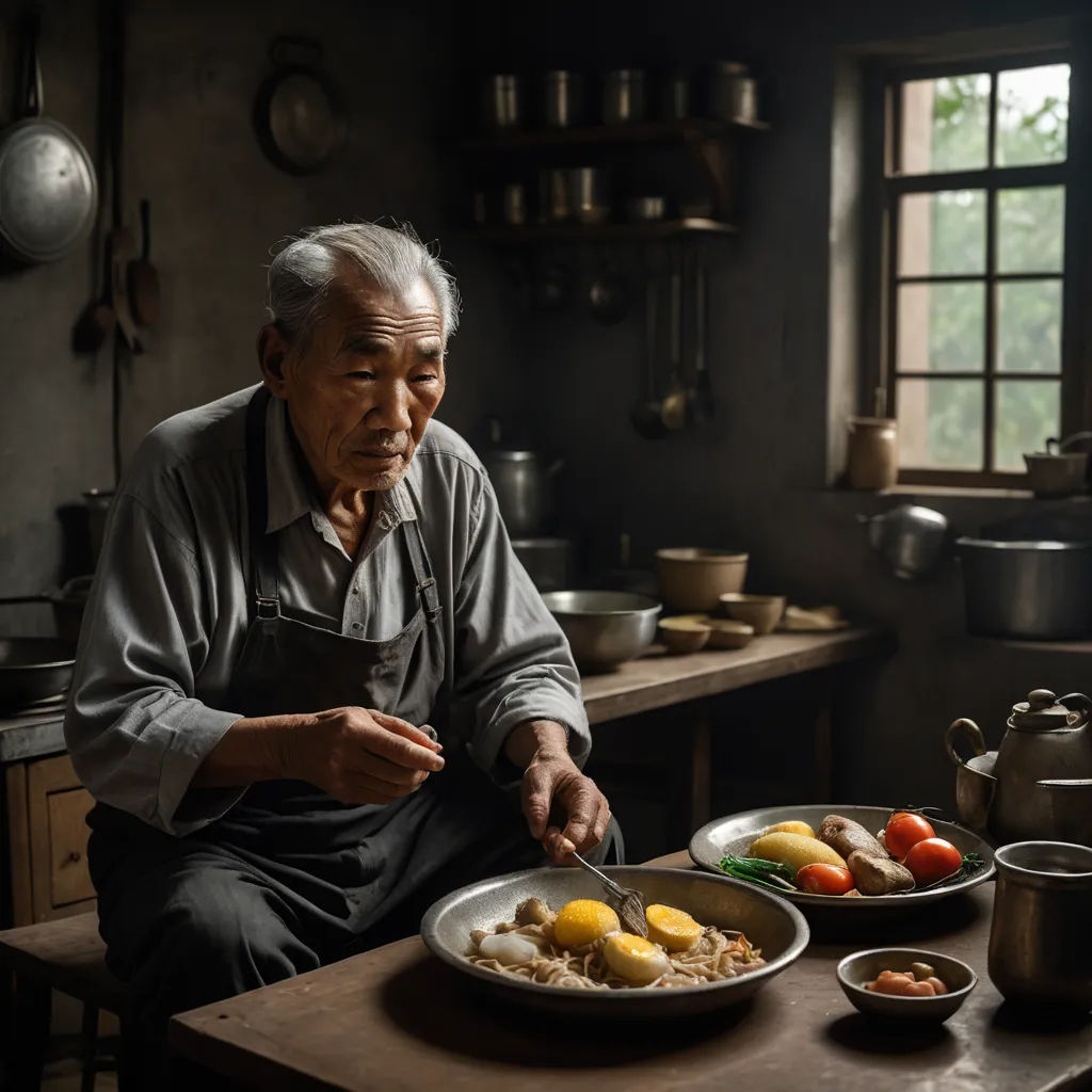 a man sitting at a table with a plate of food in front of him and a teapot on the table, art photography, a photorealistic painting, Byeon Sang-byeok, award - winning photography