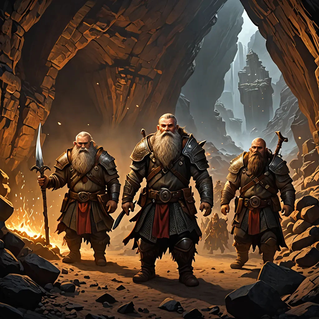 three men in a cave with a sword and a helmet on, one of them is holding a sword, fantasy art, concept art, Chris Rallis, d & d