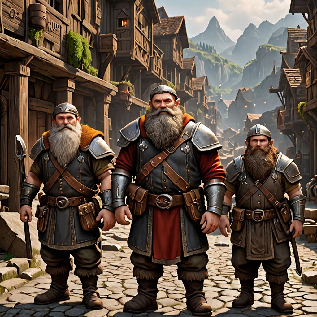 a group of three men standing next to each other on a street in front of a mountain town with a sky background, antipodeans, computer graphics, Cedric Seaut (Keos Masons), unreal engine 5 highly rendered