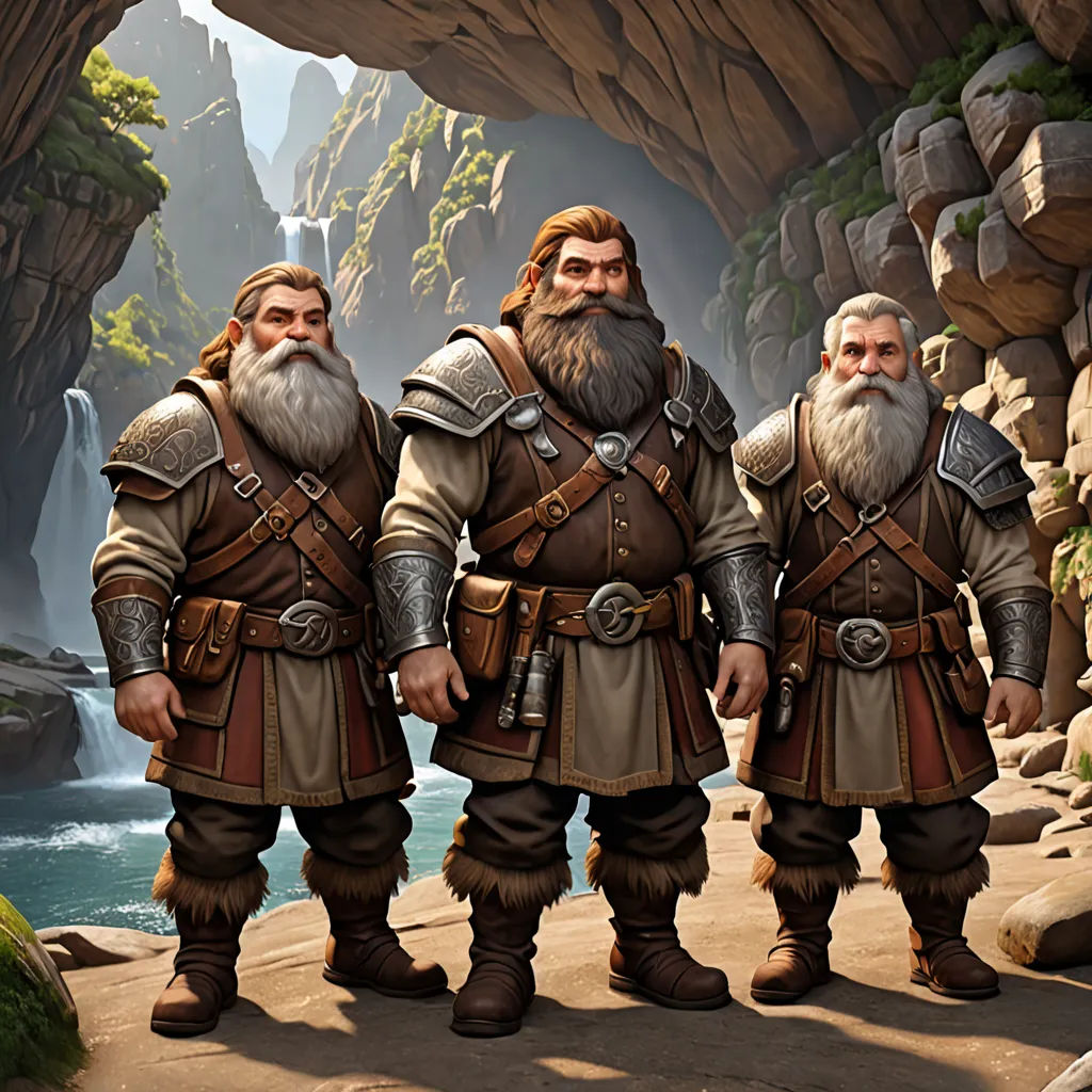 three men in medieval clothing standing in front of a waterfall and a waterfall with a waterfall in the background, fantasy art, concept art, Brothers Hildebrandt, epic fantasy character art