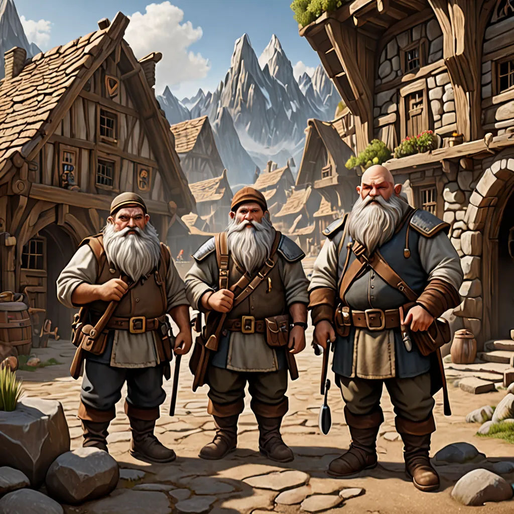 a group of men standing next to each other in front of a village with mountains in the background and a sky, fantasy art, computer graphics, Christophe Vacher, highly detailed digital painting