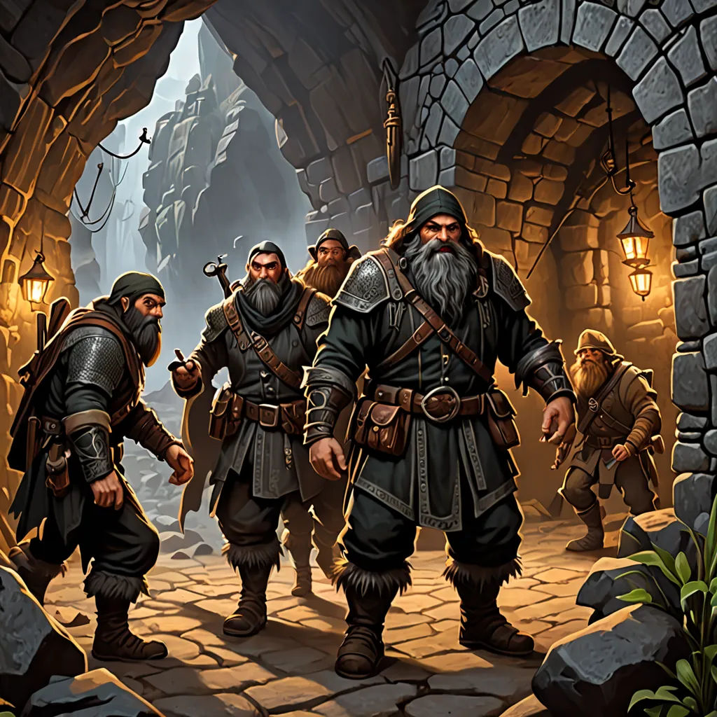 a group of men in medieval clothing walking through a tunnel with a light on the side of it and a stone wall, fantasy art, concept art, Andreas Rocha, d & d