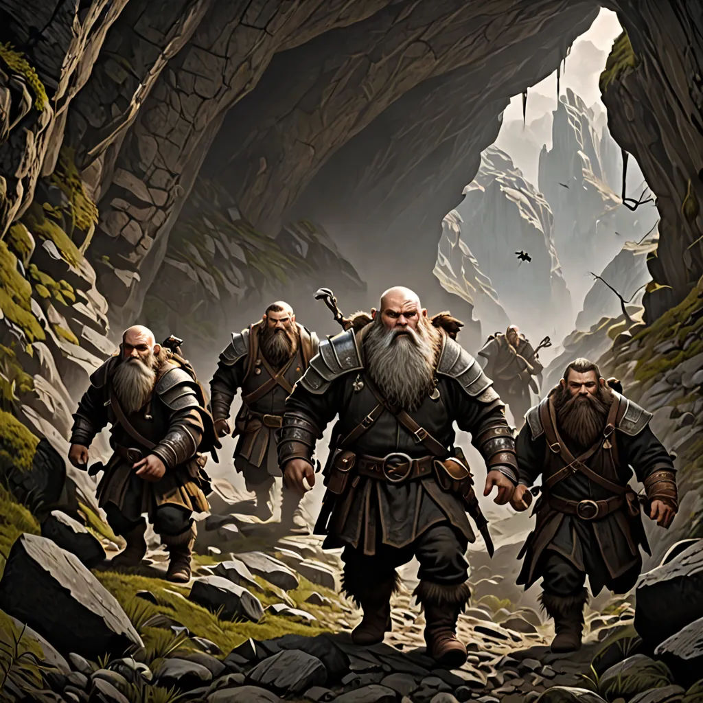 a group of men walking through a cave filled with rocks and grass, with a giant rock formation in the background, fantasy art, computer graphics, Ed Binkley, d & d