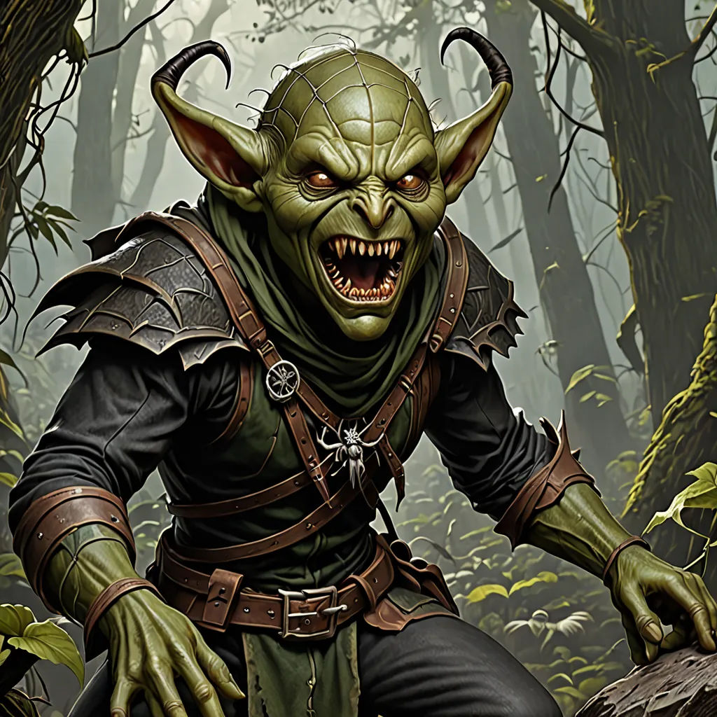 a painting of a demon with a green face and a brown belted outfit in a forest with trees, altermodern, a character portrait, Alex Horley-Orlandelli, magic the gathering artwork