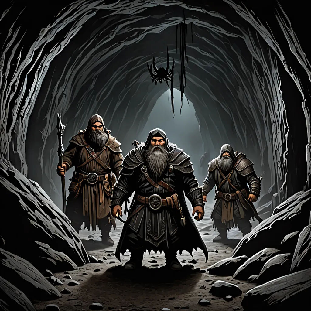 three men in a cave with a dragon hanging from the ceiling and a spider hanging from the ceiling above them, antipodeans, concept art, Chris Rallis, epic fantasy character art