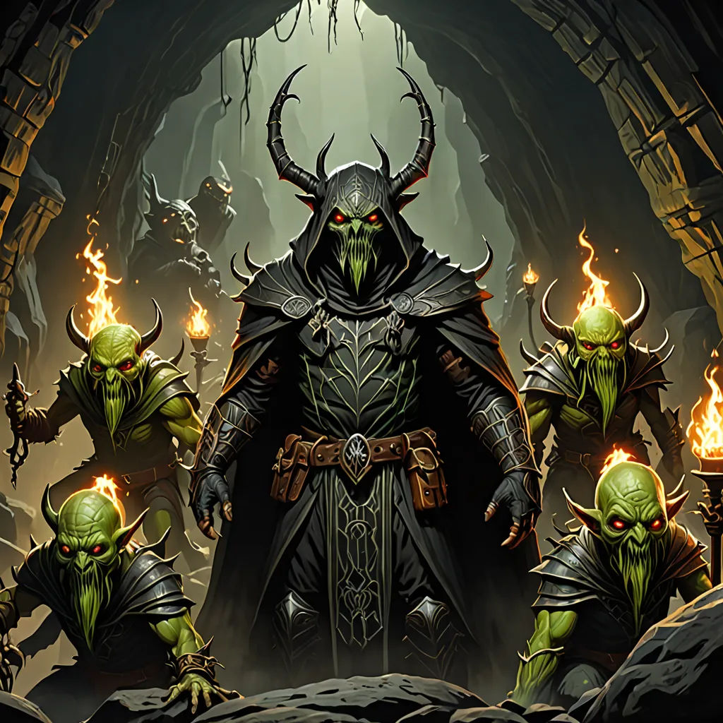 a group of demonic men standing in a cave with torches in their hands and wearing horned headdress, fantasy art, concept art, Alex Horley, magic the gathering artwork