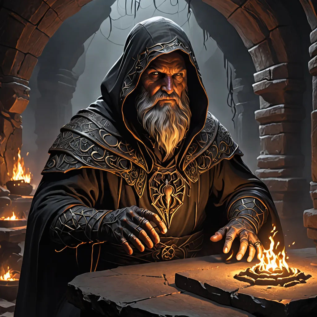 a man in a hooded robe sitting at a table with a lit candle in his hand and a glowing object in his hand, fantasy art, computer graphics, Clint Cearley, epic fantasy character art