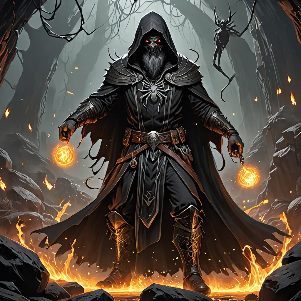 a man in a hooded outfit standing in a forest with fireballs in his hands and a demon on his back, fantasy art, a detailed painting, Art of Brom, magic the gathering artwork