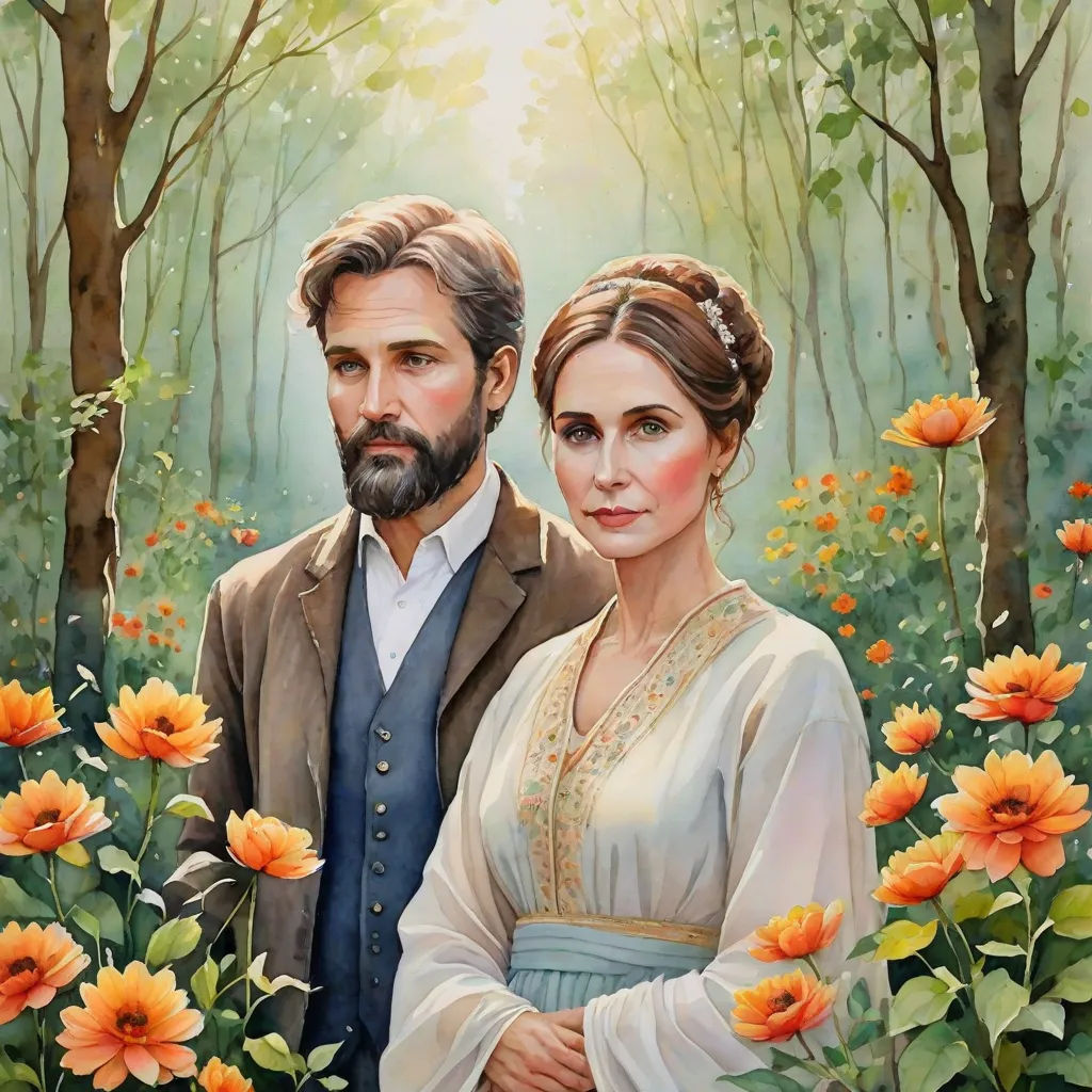 a painting of a man and woman in a forest with flowers in front of them and a sunbeam, american scene painting, a detailed painting, Anne Said, official art