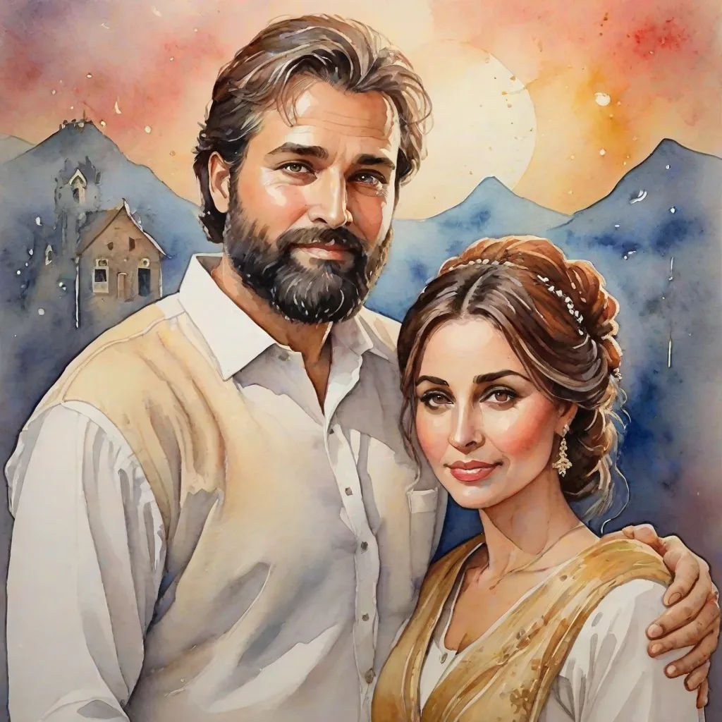 a painting of a man and woman in front of a mountain range with a sunset behind them and a church in the background, figurative art, a detailed painting, Araceli Gilbert, kinkade