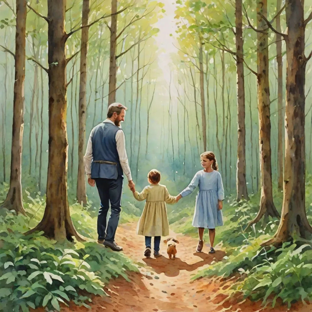 a painting of a man and two children walking in the woods holding hands and holding hands with a dog, american scene painting, an oil on canvas painting, Bob Byerley, official art
