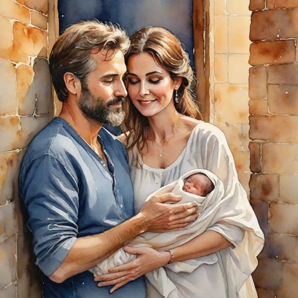 a painting of a man and woman holding a baby in their arms, with a brick wall behind them, figurative art, a detailed painting, Eric Zener, detailed painting
