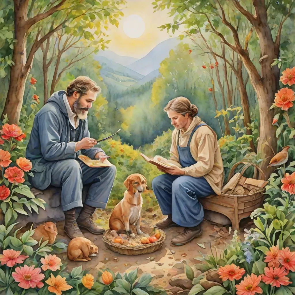 a painting of a man and woman sitting in a forest with a dog and a dog on a leash, neo-romanticism, a detailed painting, Art & Language, official art