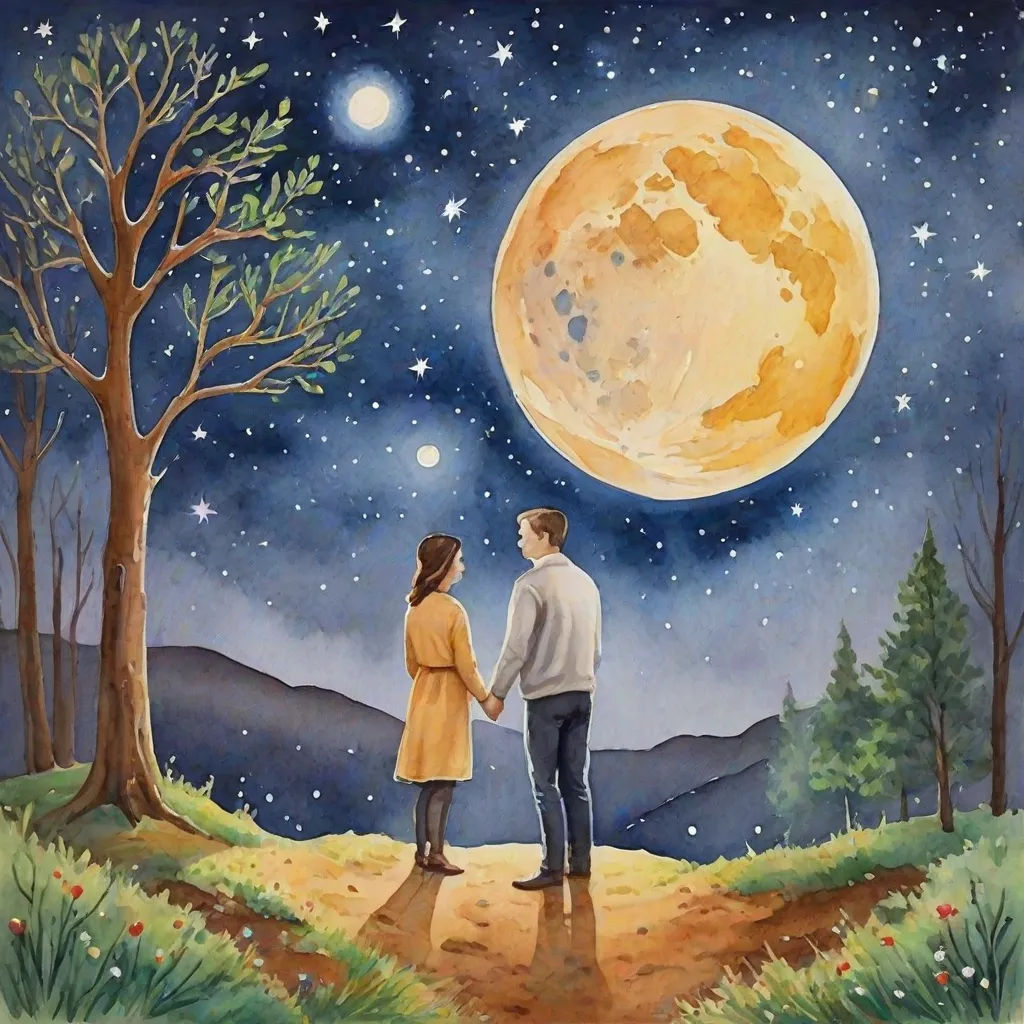 a painting of a couple holding hands under a full moon sky with trees and mountains in the background, with a path leading to the moon, space art, a detailed painting, Aaron Jasinski, detailed painting