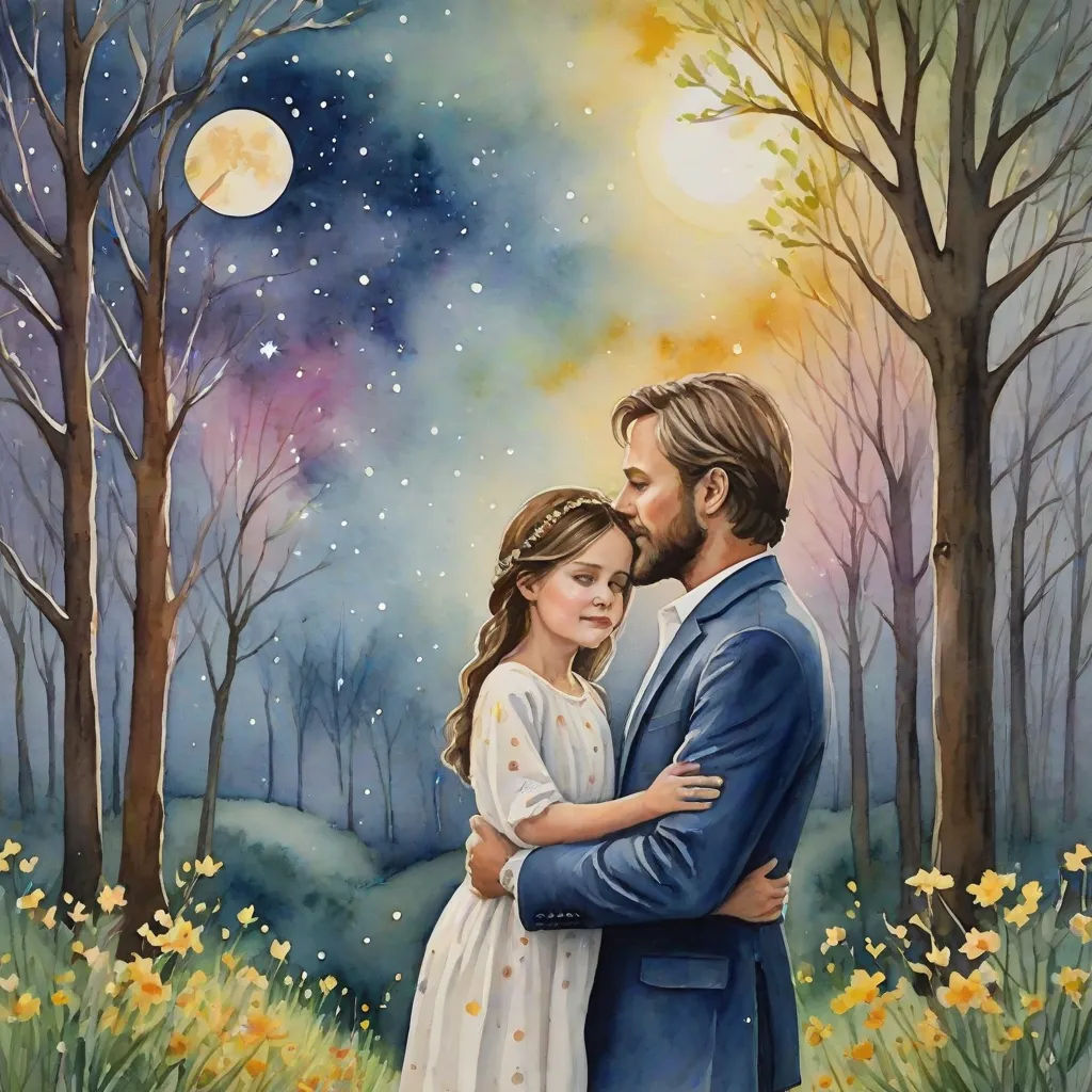 a painting of a man and a girl hugging in a field of flowers with the moon in the background, figurative art, a fine art painting, Elinor Proby Adams, intricate oil painting