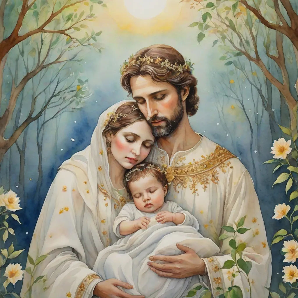 a painting of a man holding a baby in his arms and a woman holding a child in her arms, gothic art, a fine art painting, Donato Giancola, classical painting