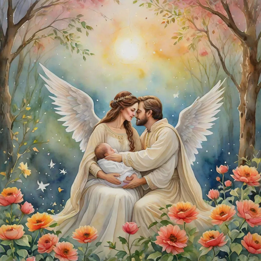 a painting of a couple holding a baby in a forest with flowers and trees around them, with the sun shining through the trees, gothic art, a fine art painting, Evelyn De Morgan, classical painting