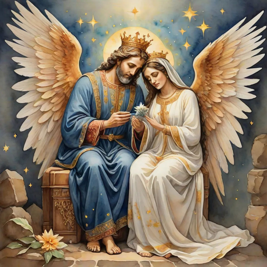 a painting of a man and woman sitting on a rock with wings and a star above them, with a blue sky behind them, gothic art, a detailed painting, Fra Angelico, renaissance oil painting