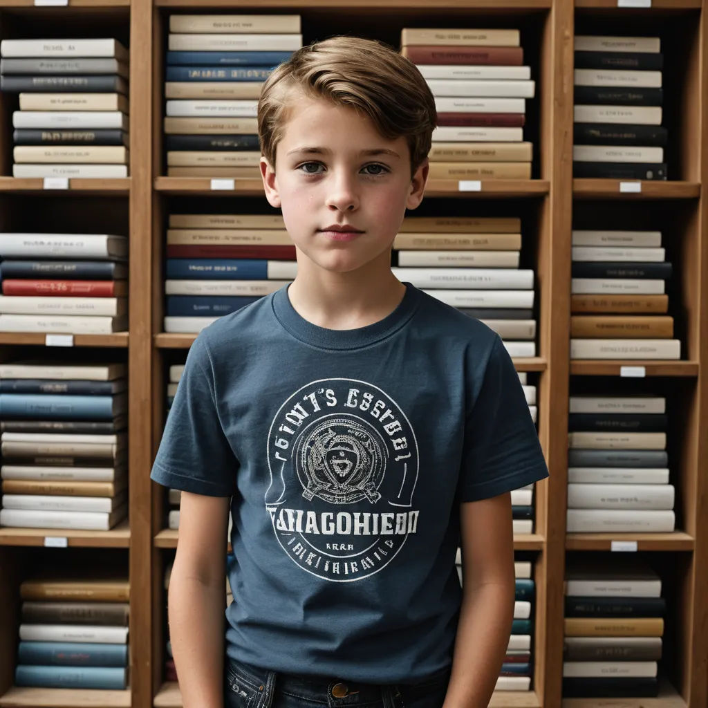 a young boy standing in front of a book shelf with books on it and a clock on the wall, private press, a storybook illustration, Christian Hilfgott Brand, kai carpenter