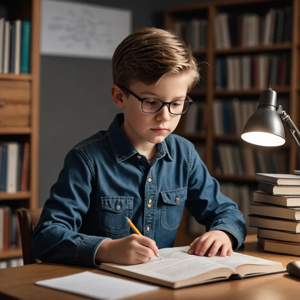 a young boy is sitting at a desk with a book and a lamp on it and writing in a notebook, academic art, a stock photo, Andries Stock, diffuse lighting