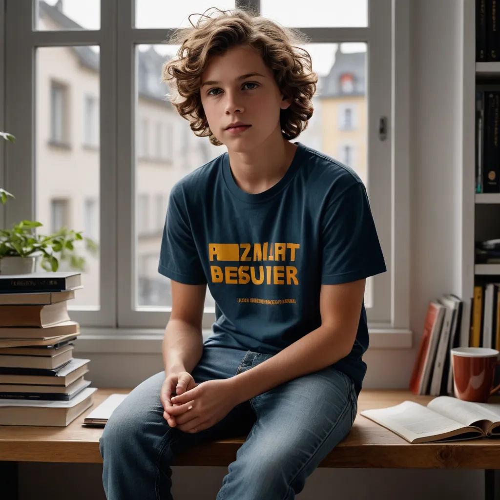 a young boy sitting on a table in front of a window with books and a plant in front of him, barbizon school, a character portrait, Etienne Delessert, thierry doizon