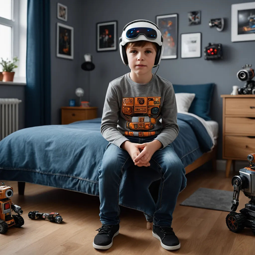 a young boy sitting on a bed with a helmet on his head and a robot toy on the floor, les automatistes, a 3D render, Beeple, robots