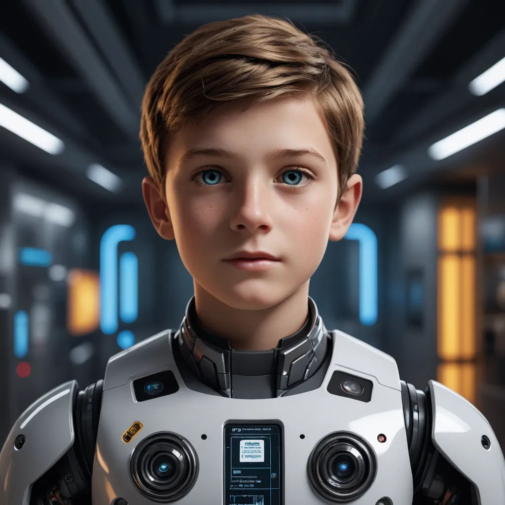a young boy in a white suit with a robot on his chest and a blue light behind him, in a sci - fi setting, retrofuturism, a computer rendering, Andrey Esionov, unreal engine 5 highly rendered