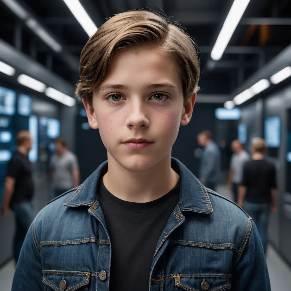 a young boy standing in a hallway with people in the background in a dark room with a blue jacket, holography, a character portrait, Daniel Lieske, kai carpenter