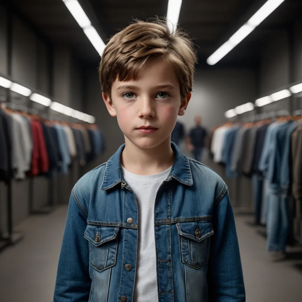 a young boy standing in front of a rack of shirts in a clothing store with a man in the background, les automatistes, a photocopy, Daniel Lieske, promotional image