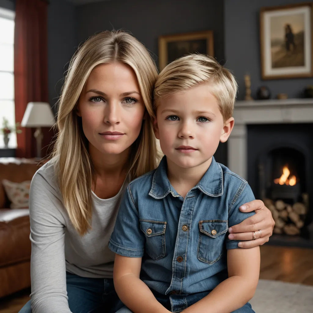 a woman and a boy sitting on a couch in front of a fireplace in a living room with a fireplace, photorealism, a photorealistic painting, Adam Willaerts, promotional image