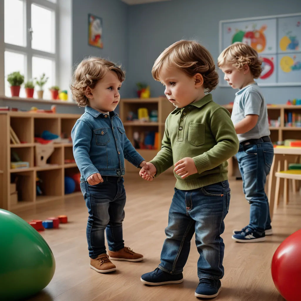 a group of children standing around a room with toys on the floor and a ball on the floor in front of them, barbizon school, a stock photo, Art & Language, studio photography