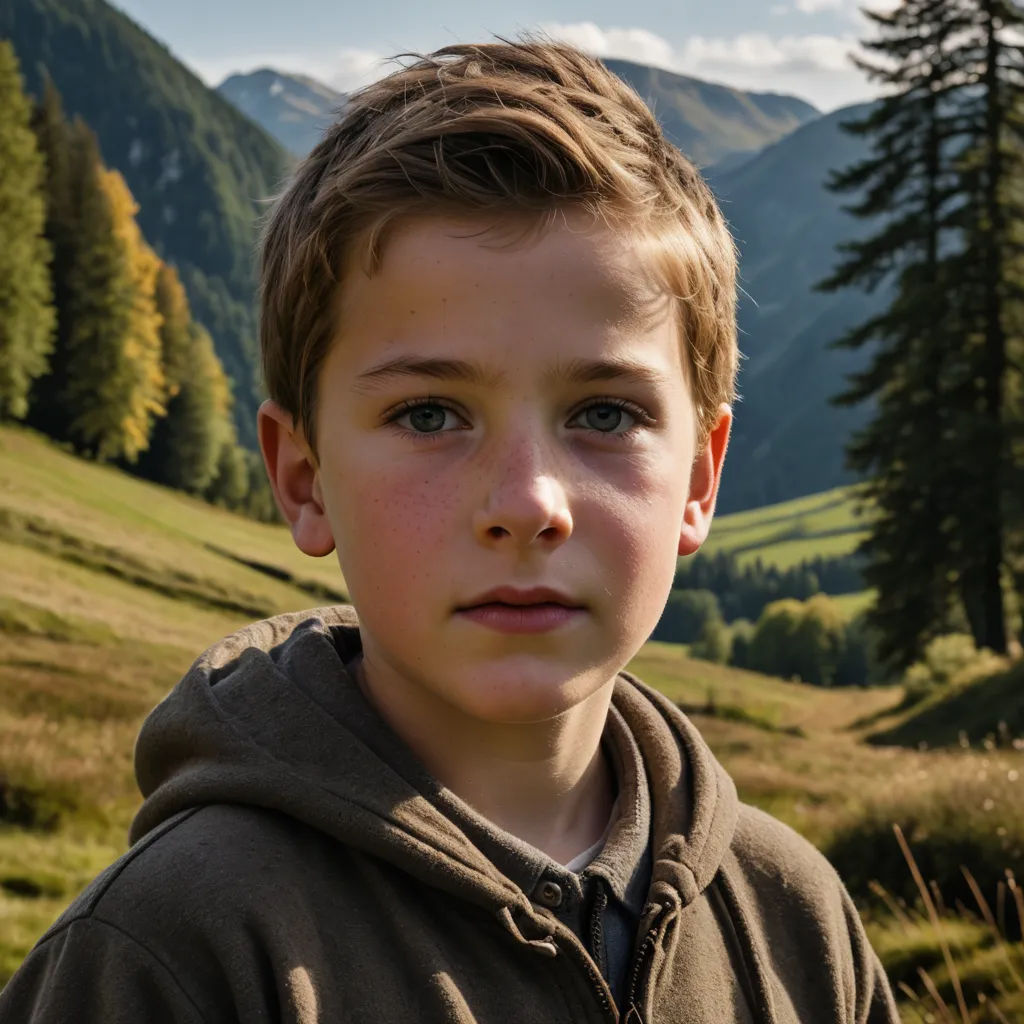 a young boy standing in a field with mountains in the background and trees in the foreground, with a blue sky and clouds in the background, heidelberg school, a character portrait, Andor Basch, portrait photography