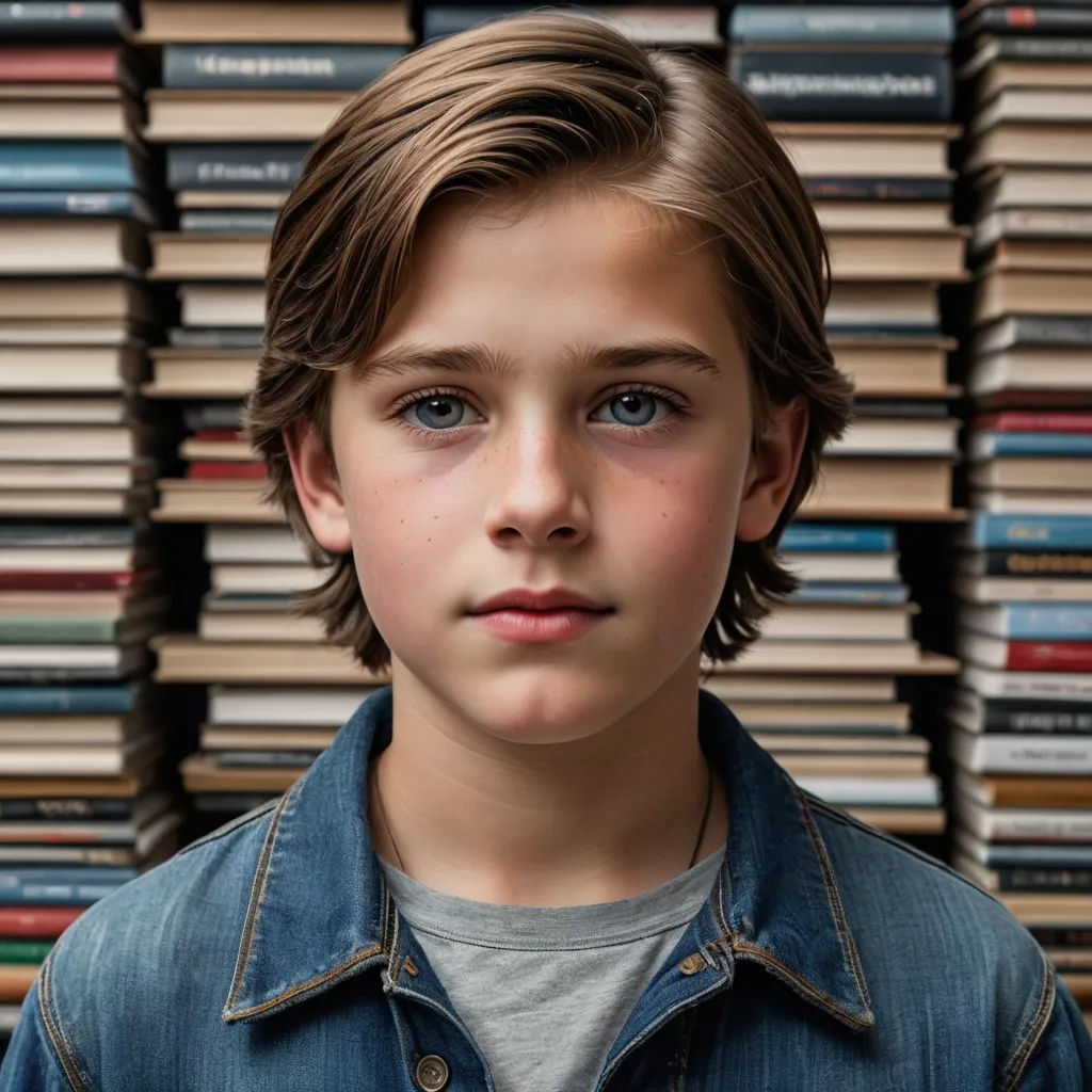 a young boy standing in front of a stack of books with a blue shirt on and a denim jacket on, art & language, a character portrait, Daniel Lieske, kai carpenter