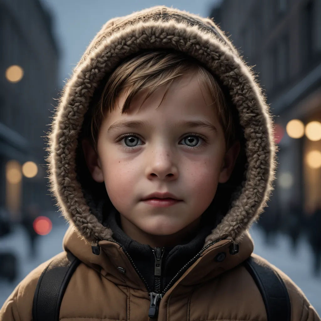 a young boy wearing a hooded jacket and looking at the camera with a blurry background of buildings and street lights, art photography, a character portrait, Daniel Lieske, portrait photography