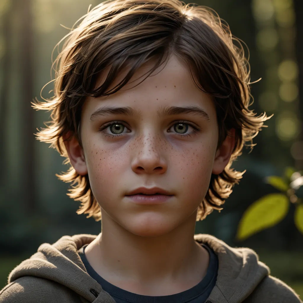 a young boy with freckles on his face and a hoodie on his shirt is looking at the camera, photorealism, a character portrait, Daniel Lieske, photoreal