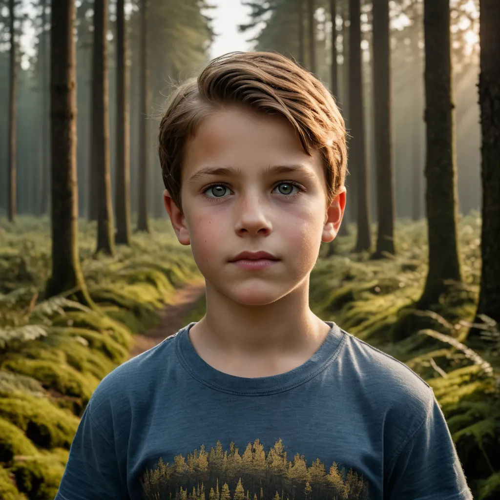 a young boy standing in a forest with a forest background and trees in the background, with a sunbeam, neoism, a character portrait, Daniel Lieske, portrait photography