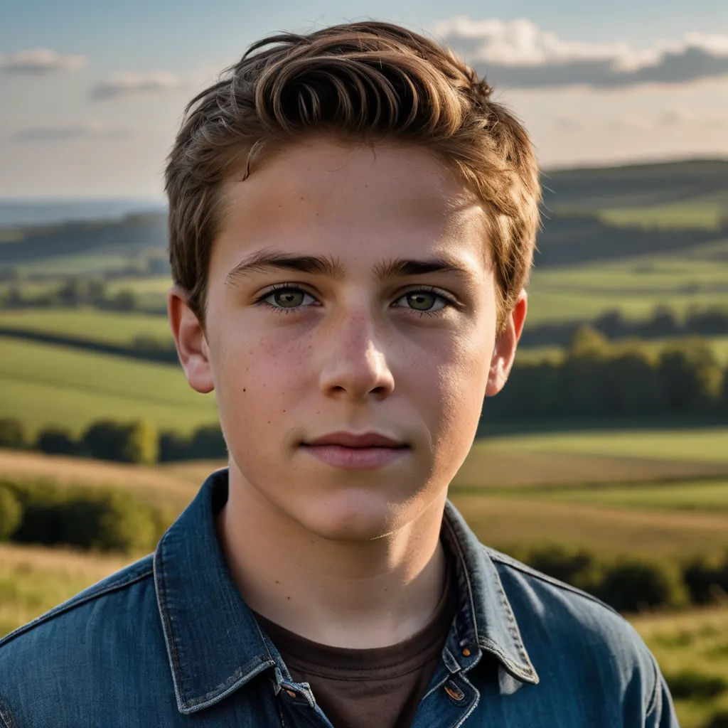 a young boy with a blue shirt and a green field in the background with clouds in the sky and a blue sky, barbizon school, a character portrait, Etienne Delessert, portrait photography