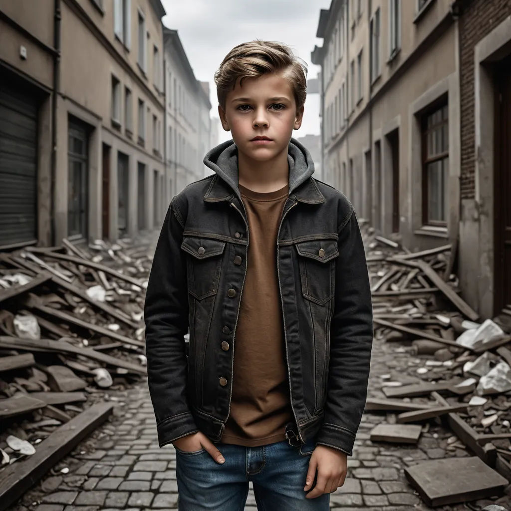 a young boy standing in a street with a bunch of debris on the ground behind him and a building in the background, neoism, a character portrait, Daniel Lieske, promotional image