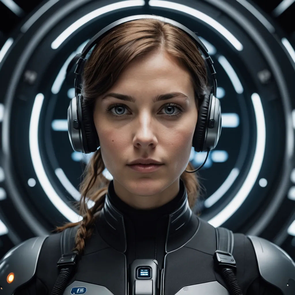 a woman in a black and grey suit with headphones on her ears and a futuristic background with a circular light, antipodeans, a character portrait, Eve Ryder, cgstudio