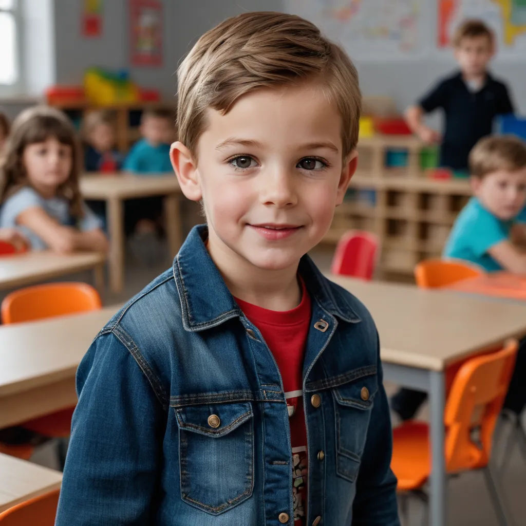 a young boy in a classroom with other children in the background smiling for the camera, with a denim jacket on, vancouver school, a stock photo, Avgust Černigoj, shallow depth of field