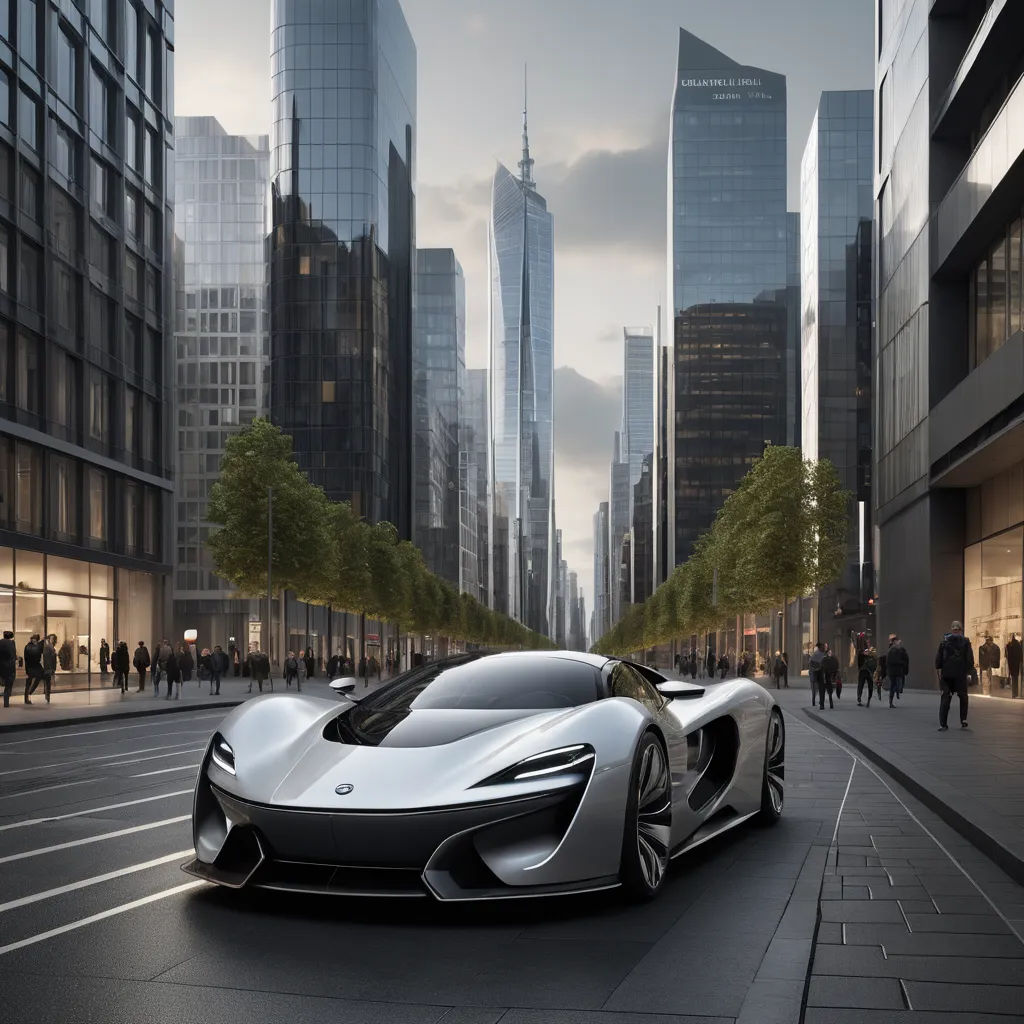 a futuristic car is parked on the street in front of a cityscape with skyscrapers and people, panfuturism, a computer rendering, Cui Bai, cgstudio