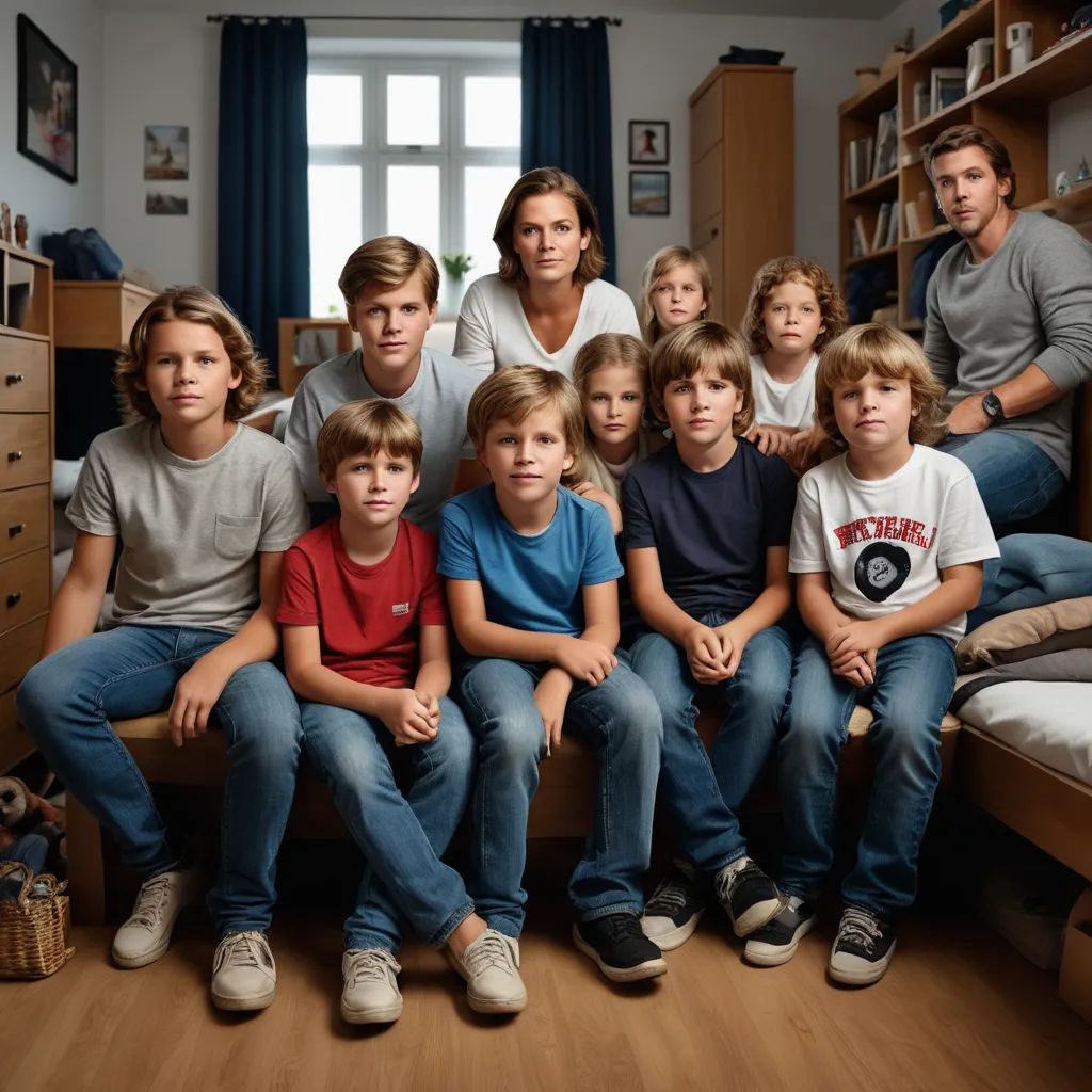 a family of seven sitting on a bed in a room with a window and bookshelf in the background, viennese actionism, a hyperrealistic painting, Florence Engelbach, promotional image