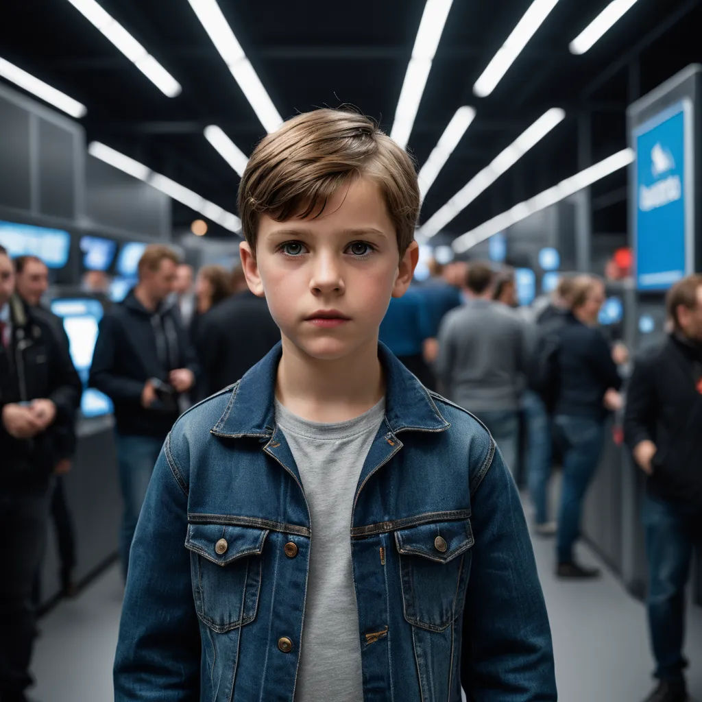 a young boy standing in a room full of people in a building with a blue sign on the wall, les automatistes, a hologram, Daniel Lieske, shallow depth of field