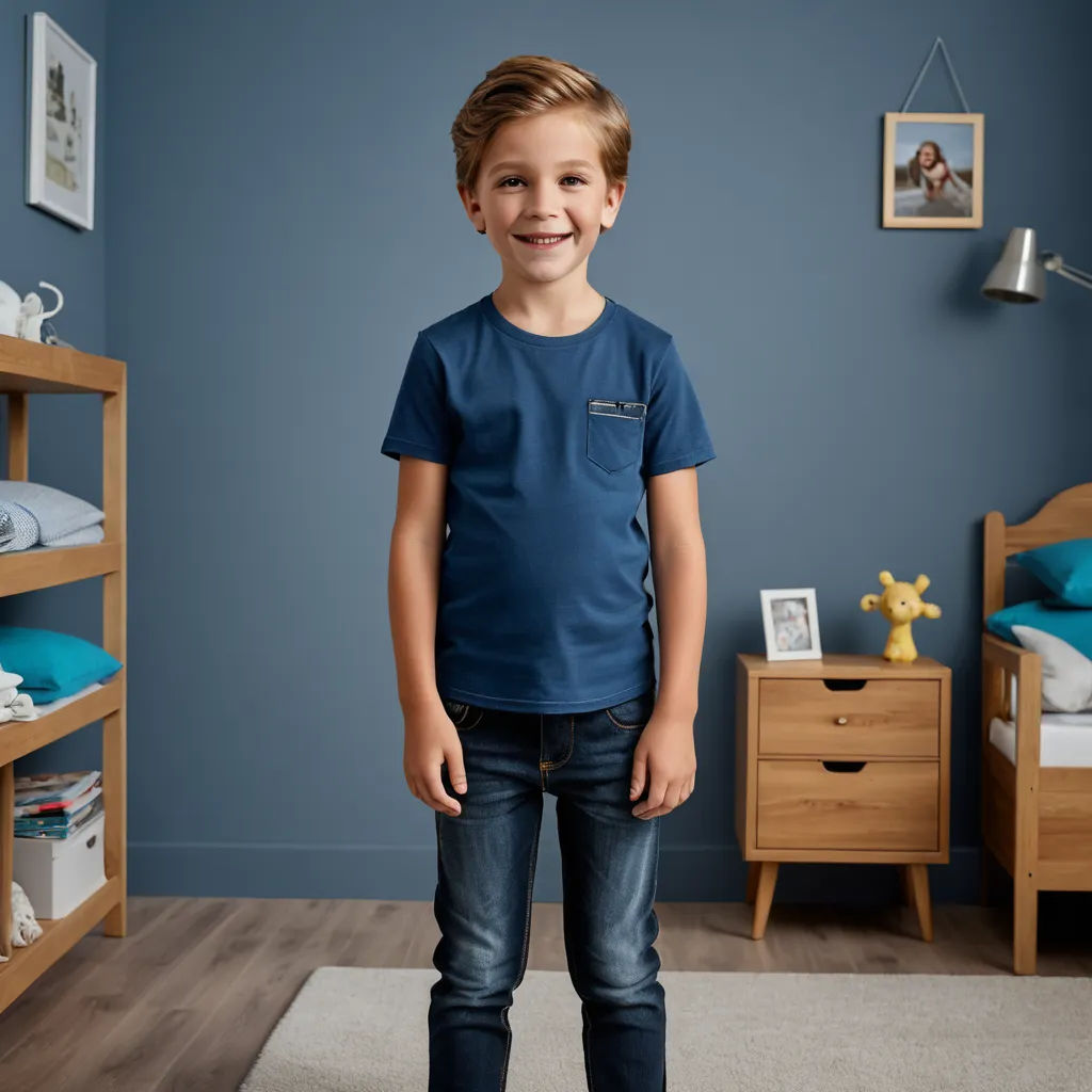a young boy standing in a blue room with a blue wall and a white rug on the floor and a wooden bunk bed, photorealism, a 3D render, Christian Hilfgott Brand, promotional image