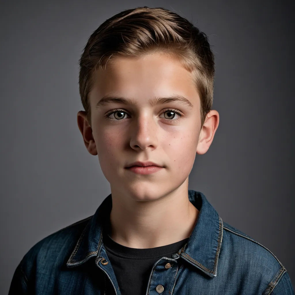 a young boy with a serious look on his face and a black shirt on his shirt is standing in front of a gray background, barbizon school, a character portrait, Anson Maddocks, portrait photography