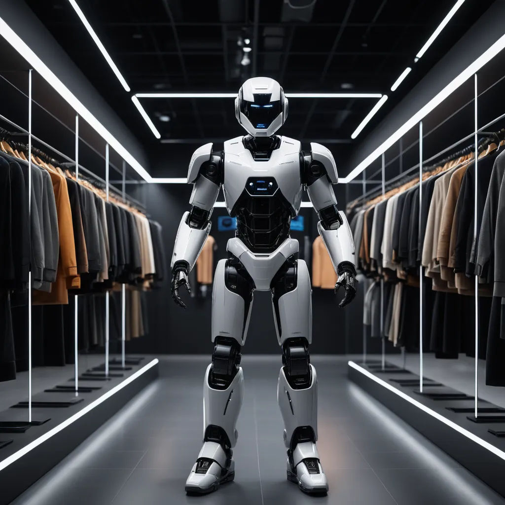 a robot standing in front of a row of clothes in a store with a suit rack in the background, les automatistes, a computer rendering, Ai-Mitsu, ex machina
