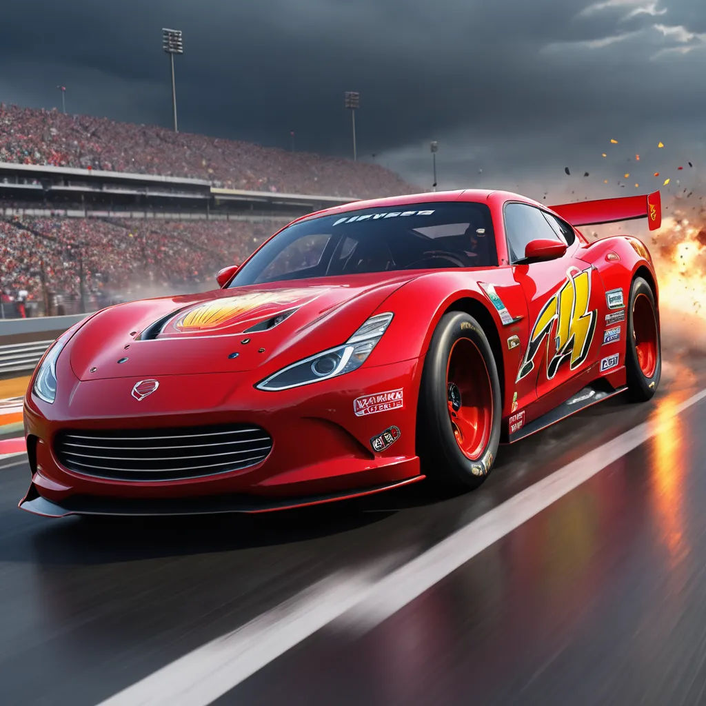 a red sports car with flames coming out of it's tires on a track with a crowd of people watching, photorealism, computer graphics, Cornelisz Hendriksz Vroom, f 8 aperture