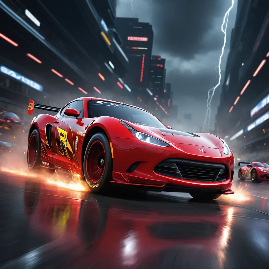 a red sports car driving through a city at night with lightning in the background and a red car driving on a city street, photorealism, computer graphics, Cornelisz Hendriksz Vroom, cinematic lightning